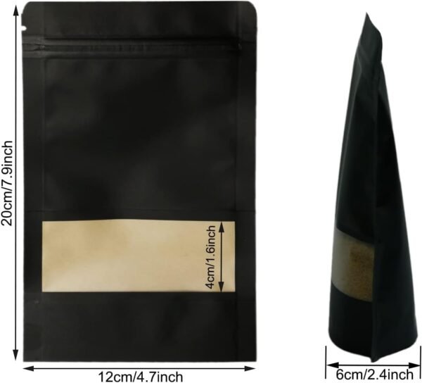PQZKLDP100pcs Black Kraft Paper Stand Up Pouches-4.7x7.9inch-Ziplock- Black Sealable Food Storage Bags with Matte Window, Reusable, Heat-Sealable for Packaging in Home -Office -Outdoors - Image 4