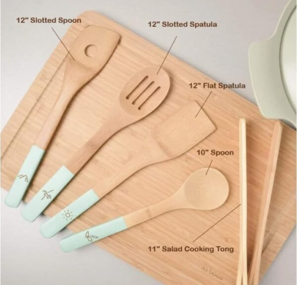 Bamboo Cooking & Serving Utensils Set 5 PCS Organic Kitchen Accessories Wooden Solid Turner Spatula Slotted Spoon Kitchen Essentials Kit With Utensil Holder - Image 2