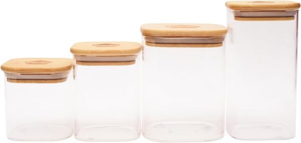 Glass Food Storage Jars Set of 4, (Square) Glass Storage Containers with Bamboo Lid Airtight For Serving Tea, Coffee, Flour, Sugar, Candy, Cookie, Spice and More - Image 3