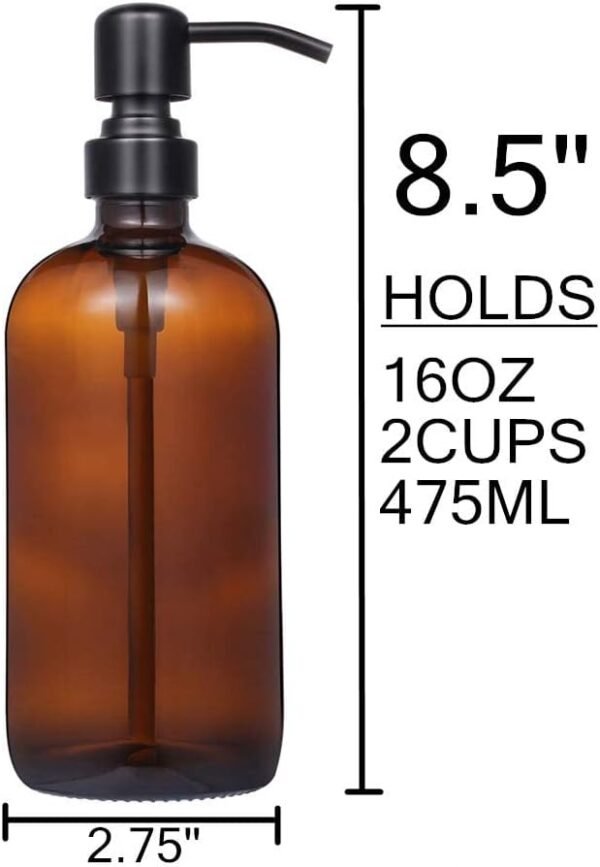 Amber Glass Jar Soap Dispenser with Matte Black Pump,16oz Round Bottle Dispenser with Stainless Steel Pump, Bathroom Soap Dispenser Set for Home Decor, Farmhouse & Kitchen Decor (Matte Black) - Image 4