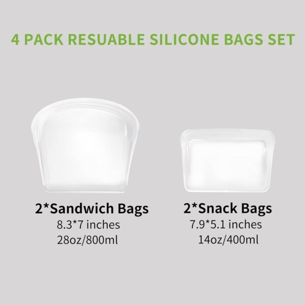 KVK Reusable Silicone Bags for Food Storage, 4 Pack Heavy Duty Silicone Ziplock Bags, Leakproof Reusable Sandwich Bags, Snack Bags, Oven Safe, Microwave Safe, Dishwasher Safe, Food Grade, Clear - Image 3