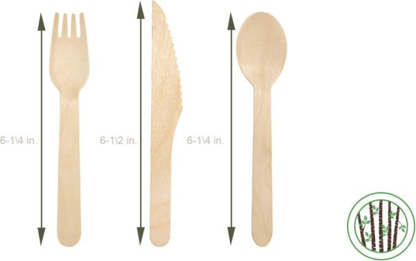 Disposable Wooden Cutlery Sets - 150 Piece Total: 50 Forks, 50 Spoons, 50 Knives, 6 Inch Length Ecological Biodegradable Compostable Wooden Utensils Wooden Cutlery - Image 2