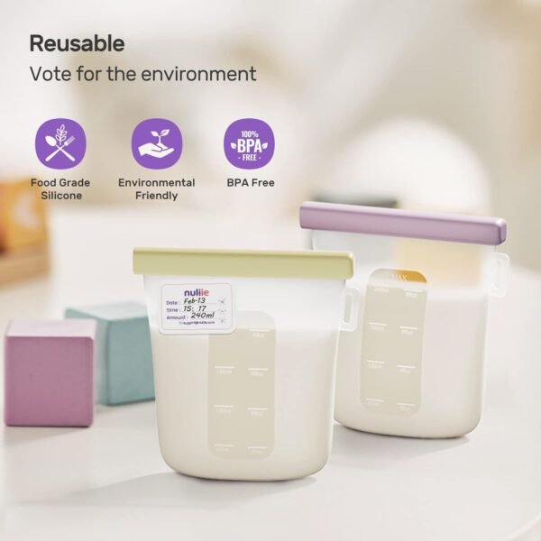 Nuliie 7 Pcs Silicone Breastmilk Storage Bags Reusable, 8oz/240ml Double Leak-Proof Breastmilk Freezer Bags, BPA Free Self-Standing Milk Bags for Breastfeeding, Baby Food Pouches - Image 4