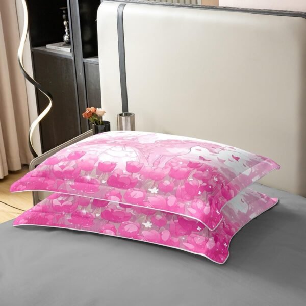 Cartoon Unicorn Princess 100% Organic Cotton Comforter Cover (Not Comforter)Tulip Flowers Glitter Stars Castle Duvet Cover Set Queen Size for Bedroom Kawaii Animal Pink Bedding Set with 2 Pillowcases - Image 5