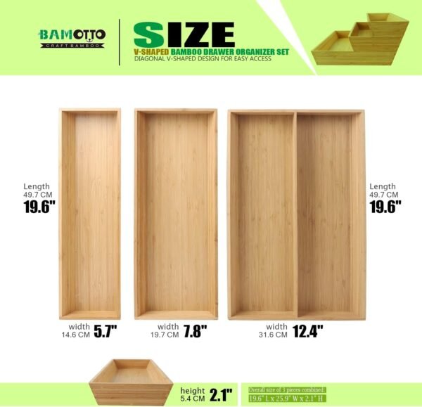 BAMOTTO V-Shaped Bamboo Drawer Organizer Set of 3 Kitchen Large and Long Utensil Plate, Flatware&Silverware Storage Box, Wood Drawer Organizer for Bedroom, Living Room - Image 2