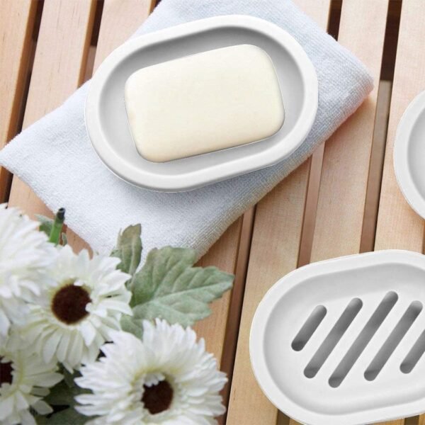 Soap Dish with Water Drainage Design for Drying and Saving Soap, Bathroom Kitchen Sponges Holder (White - Oval) 2 Pack - Image 5