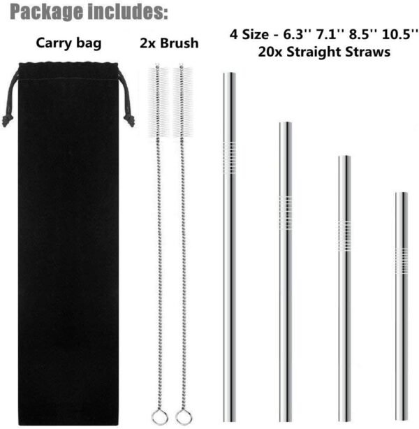Reusable Stainless Steel Drinking Straws, 20 Pcs 4 Size - 6.3'' 7.1'' 8.5'' 10.5'', Long Short Smoothie Drinking Straight Straws With 2 Brushes and Carry bag, Fit for 20/30 oz Tumblers - Image 2