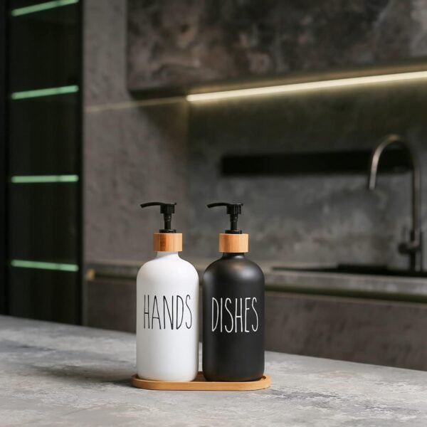 MOMEEMO Glass Soap Dispenser Set, Contains Hand Soap and Dish Soap Dispenser.Suitable for Kitchen Decor. (Black & White) - Image 3