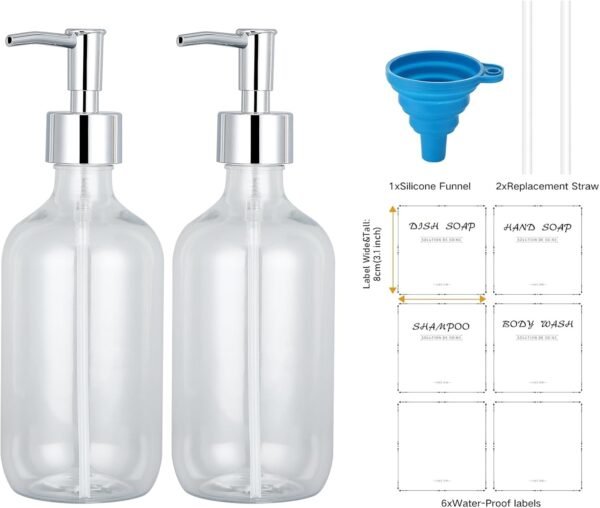 Gappo Soap Dispenser Set, 16.9 Oz Plastic Dish Bottle with Stainless Steel Pump, 2 Pack Hand Kitchen and Bathroom Soap Dispenser with 6 Waterproof Lables, Clear - Image 3