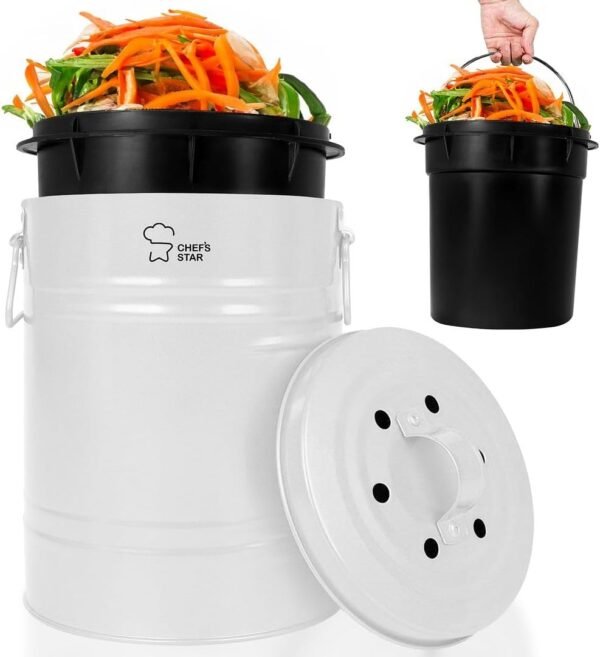 Chef's Star Countertop Compost Bin for Kitchen, Indoor Compost Bin for Kitchen Counter, Small Composter for Kitchen Counter, with Charcoal Filter, Airtight Lid, 0.8 Gallon Compost Pail, White