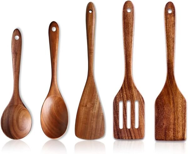 5 Pcs Best Wooden Spoons for Cooking Kitchen Utensils Set Non Stick Spoon Acacia Wood Utensil Cooking Spatula Turner Slotted Spoon Flat Wooden Spatula Set Mixing Cooking Spoons Kitchen Utensils