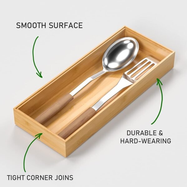 Bamboo Drawer Organizer, Stackable Utensil Organizer for Kitchen, Bamboo Storage Box Wood Silverware Tray for Drawer 15" x 6" x 2" Set of 2 - Image 3