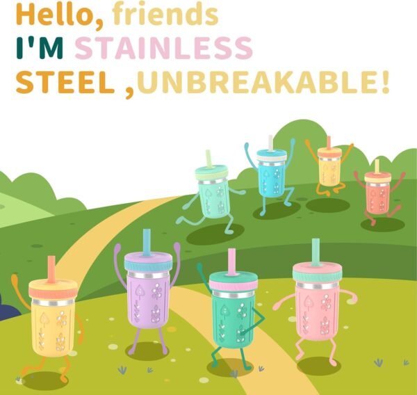 Tronco Stainless Steel Sippy Toddler Cups, 10 oz Mason Jar Kids Smoothie Cups with Silicone Sleeves and Straws, Spill Proof, BPA-Free, Toddler Snack Cups - Image 8