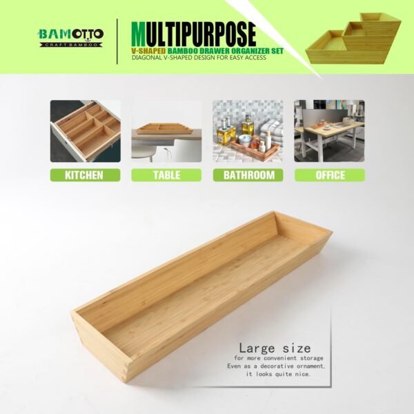 BAMOTTO V-Shaped Bamboo Drawer Organizer Set of 3 Kitchen Large and Long Utensil Plate, Flatware&Silverware Storage Box, Wood Drawer Organizer for Bedroom, Living Room - Image 5