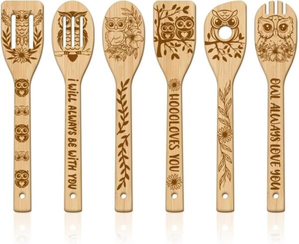 GLOBLELAND 6Pcs Owl Bamboo Cooking Utensils Wooden Engraved Cooking Spoons Set Carving Kitchen Bamboo Spatula Set Wood Cooking Spoon for Kitchen Fun House Warming Gift
