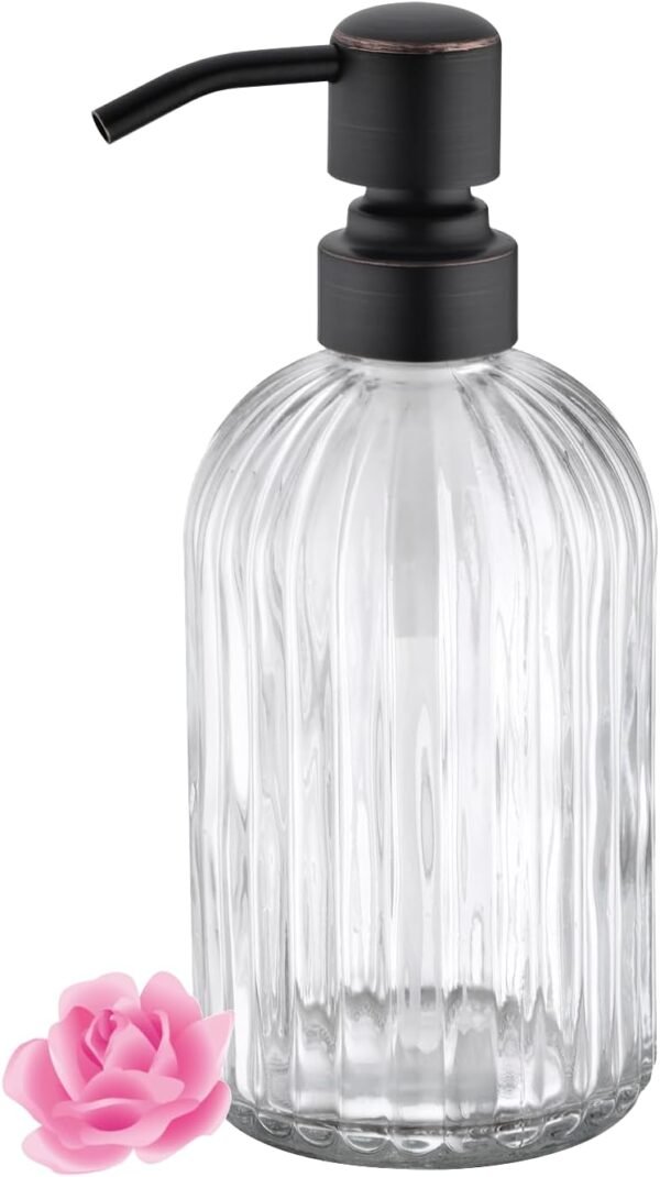 Aspasia Glass Soap Dispenser, Clear Glass Bottle with Rust Proof Stainless Steel Pump, Refillable Liquid Hand Soap Dispenser for Bathroom, Kitchen, 15 Oz, Oil Rubbed Bronze