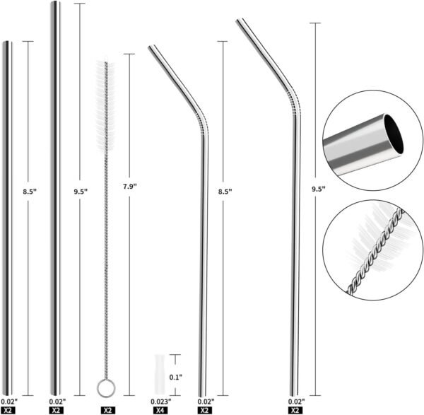 8 Pack Reusable Stainless Steel Straws, 2 Straw Cleaning Brushand 4 Silicone Tips with 1 Travel Case, Metal Straws for Smoothies Tumblers Cocktail MilkShake - Image 2
