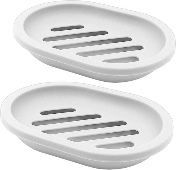 Soap Dish with Water Drainage Design for Drying and Saving Soap, Bathroom Kitchen Sponges Holder (White - Oval) 2 Pack
