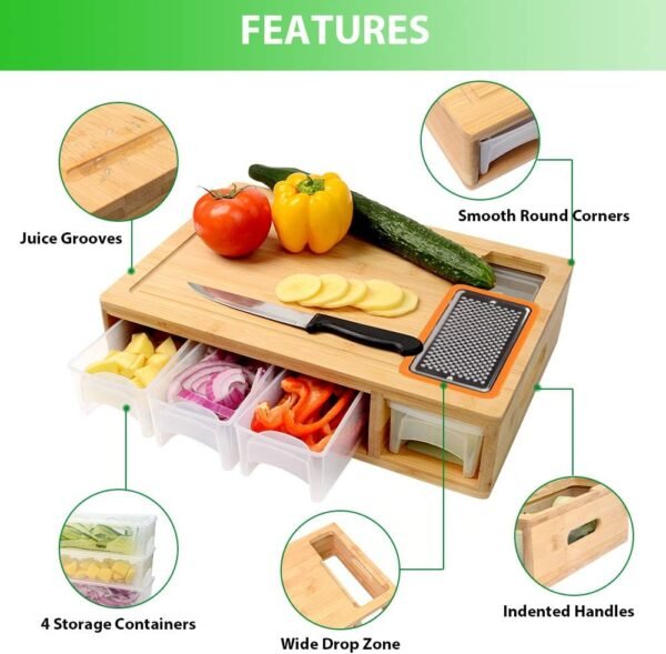 Bamboo Cutting Board with Containers, Lids, and Graters, Large Wood Cutting Board with Containers, Food Dropping Zone, Carving Board with Easy-grip Handle, Juice Groove - Image 4