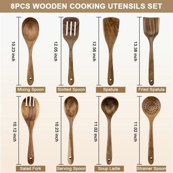 Kitchen Utensils Set 8 Piece Teak Wooden Cooking Utensil Set Non-Stick Pan Wood Spoons and Spatula Cookware for Home Everyday Use &Kitchen Tools - Image 2