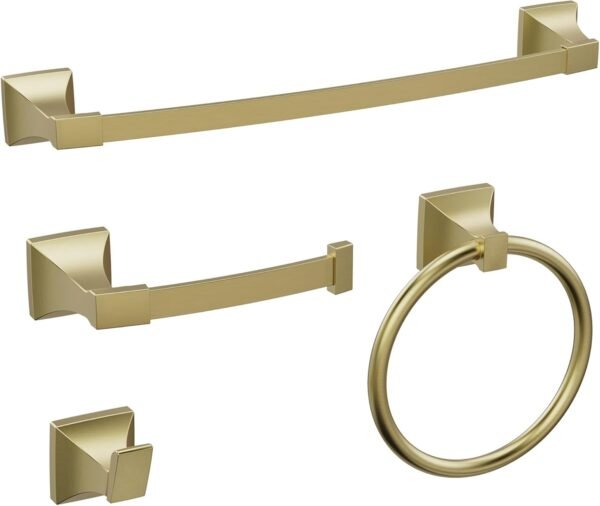 4 Piece Bathroom Hardware Set, 18 Inch Brushed Gold Towel Bar Set, Bathroom Towel Holder Set Includes Square Towel Bar, Towel Ring, Robe Hook, Toilet Paper Holder