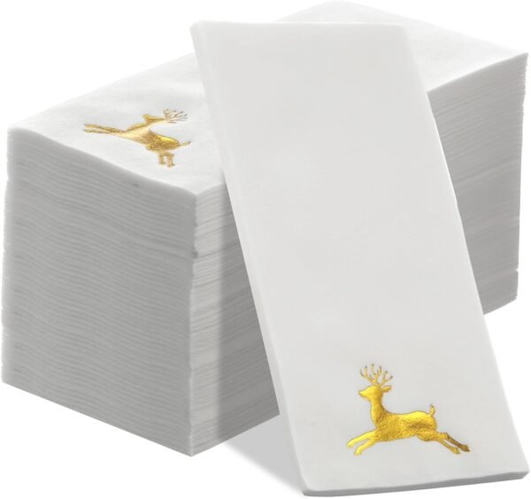 Janlaugh 100 Pcs Christmas Disposable Hand Towels Foil Stamped Paper Guest Towels Napkins Christmas Tree and Elk Linen Hand Towel for Party Lunch Dinner Kitchen Bathroom(Gold,Elk)