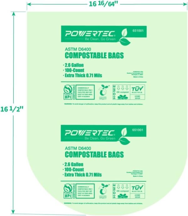 POWERTEC Compostable Bags, 2.6 Gallon (9.84 Liter), 100 Count, Extra Thick 0.71 Mil Kitchen Scrap Waste Bag, ASTM D6400 US BPI & European OK Compost Home Certified, Biodegradable Yard Waste Trash Bag - Image 5
