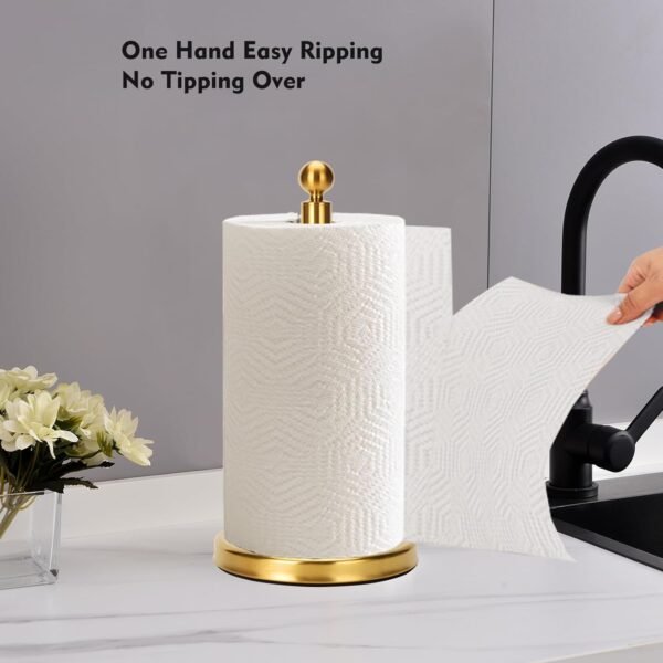 Gold Paper Towel Holder Countertop, Standing Paper Towel Roll Holder for Kitchen Bathroom, with Weighted Base for One-Handed Operation (Stainless Steel Base, Gold) - Image 2