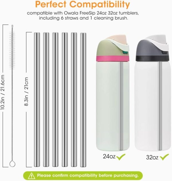 Aieve 6PCS Replacement Straws Compatible With Owala Water Bottle 24 oz 32 oz, Reusable Stainless Steel Straws with Cleaning Brush Compatible With Owala FreeSip Insulated Water Bottle 24oz 32oz - Image 2