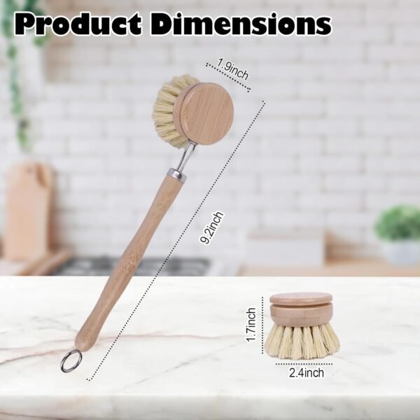 Bamboo Dish Brush with Handle - 4 Replacement Heads | Eco Soft Sisal Dish Scrub Brush | Vegetable Brush | Dish Scrubber Brush | Bamboo Wok Brush for Cleaning Kitchen Utensils - Image 2