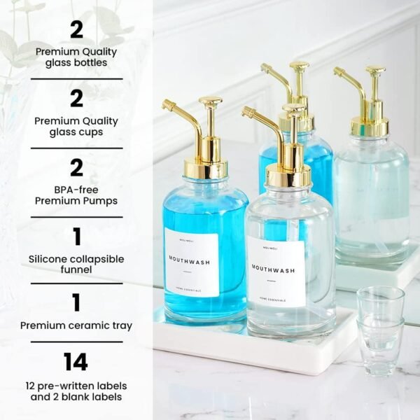 Molimoli Hand Bathroom Soap Dispenser Set, Glass Mouthwash Dispenser for Bathroom, Dish Soap Dispenser for Kitchen Sink, Soap Dispenser Pump, 500ml/16.9 Oz, Set of 2, Gold - Image 2