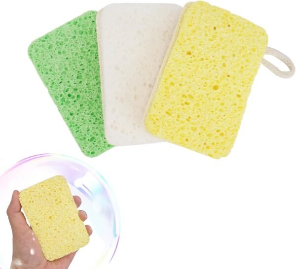 3 Natural Cellulose Loofah Sponges, Biodegradable Compostable, Scratch Resistant Kitchen Cleaning Sponges, Plastic Free Eco-Friendly Sustainable Double Sided Sponges, Kitchen Scrubber Body Scrubber
