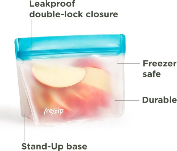 rezip 5-Piece Stand-Up Reusable Bag Kit | BPA-Free, Food Grade, Leakproof, Freezer and Dishwasher Safe | Quart (1), 2-Cup (2), Snack (2) | Multicolor - Image 2