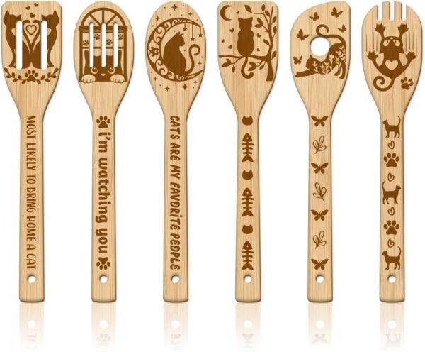 GLOBLELAND 6Pcs Cat Bamboo Cooking Utensils Wooden Engraved Cooking Spoons Set Carving Kitchen Bamboo Spatula Set Wood Cooking Spoon for Kitchen House Warming Gift
