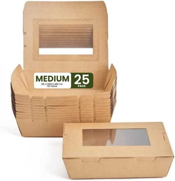 Medium Kraft Lunch Box With Window Food Container Made With Craft Paper For Meals & Dessert, Take Away Container, Disposable, Eco-friendly, Compostable, Paperbox Restaurants - Pack Of 25, Brown