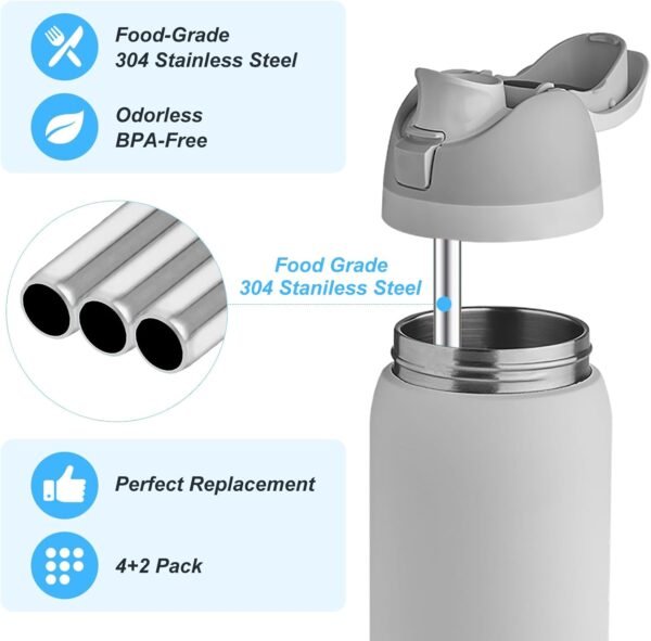4Pcs Replacement Stainless Steel Straws Compatible with Owala Water Bottle 40oz Reusable Straws with 2 Cleaning Brushes Metal Straw Replacement Compatible with Owala Freesip (23.5cm for 40oz) - Image 3