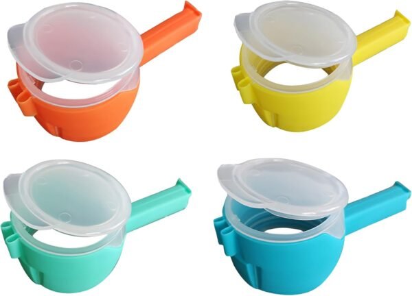 4PCS Bag Clip with Pour Spout Bag Clip with Dump Port Snack Chip Bag Plastic Cap Food Clips Reusable Plastic Cap Sealer Clips