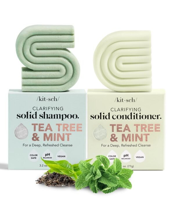 Kitsch Tea Tree & Mint Shampoo and Conditioner Bar Set, Hair Color Safe, Zero Waste, Vegan, Eco Friendly, Made in US, For All Hair Types, Paraben Free, Sulfate Free