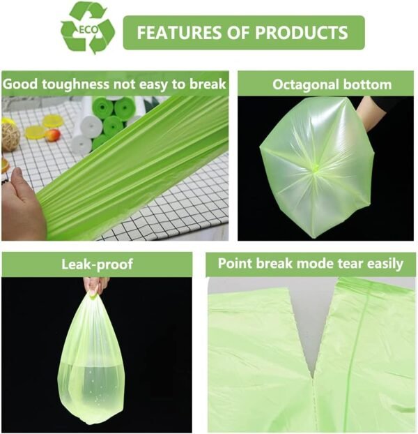 Small Trash Bags 4 Gallon Biodegradable, Compostable Bathroom Trash Bags 100 Count Unscented Leak Proof Small Garbage Bags Strong Wastebasket Liners Bags for Home Kitchen Office Yard Car Pet Green - Image 2