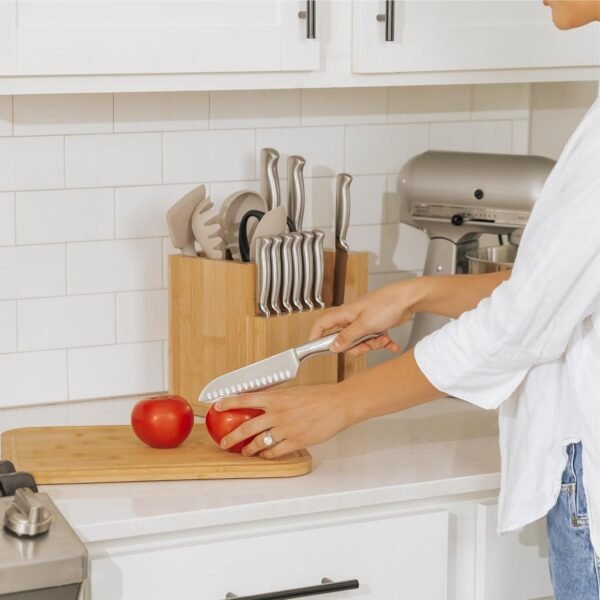 Bamboo Magnetic Knife Block and Cooking Utensil Holder, Sleek Storage for Chefs Knives, Steak Knives, Spatulas, Scissors, Non-Slip Rubber Feet, Easy to Clean, Kitchen Countertop Organizer - Image 7