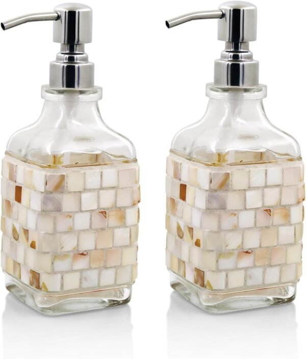 WDHODEC Shell Glass Soap Dispenser with Stainless Steel Pump, 18 OZ Refillable Liquid Hand Soap Dispenser Set for Kitchen Bathroom