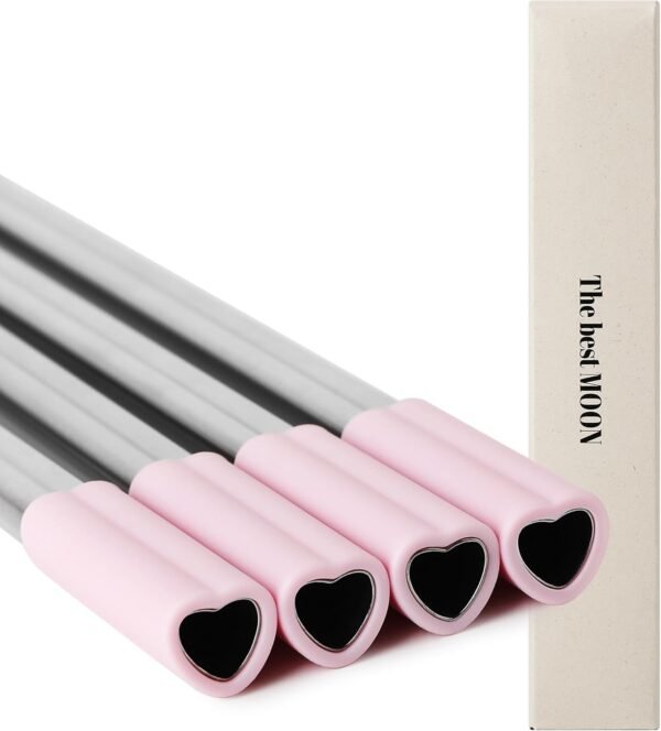 Heart Shaped Stainless Steel Reusable Metal Straws with Pink Silicone tips (Set of 4 straws) for coffee tumbler 20 oz accessories and Valentines day Christmas Birthday gift