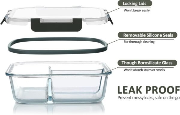 M MCIRCO [5-Pack, 36 oz] Glass Meal Prep Containers 3 Compartment with Lids, Glass Lunch Containers,Food Prep Lunch Box,Bento Box,Microwave, Oven, Freezer, Dishwasher (4.5 Cups) - Image 3