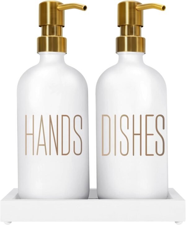Soap Dispenser Set, Contains Hand Soap Dispenser and Dish Soap Dispenser for Kitchen， Glass Soap Dispenser with Stainless Steel Pump，for Luxury Gold Kitchen Counter Decor，（White）