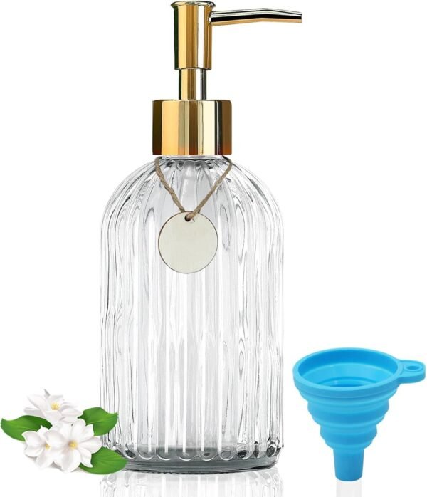 14 Oz Stripe Clear Glass Soap Dispenser with Gold Plastic Pump, Stripe Design Refillable Liquid Hand Lotion Dispenser, Contains Hand Soap and Dish Soap Dispenser, for Kitchen and Bathroom