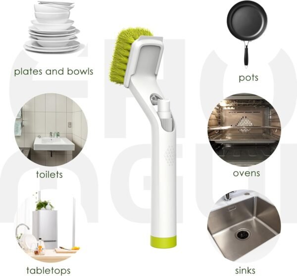 Soap Dispensing Dish Brush with Handle, EHOMGUI Brush Scrubber for Cleaning Dishes, Kitchen, Non-Scratch Kitchen Brush with 10 Natural Fiber Replacement Heads for Pot Pan-Green/White 2Pack - Image 5