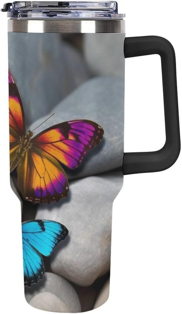 Colorful Butterfly Stone Insulated Tumbler 40 Oz Stainless Steel Double Wall Vacuum Travel Mug Large Capacity Car Cup Reusable Coffee Cup with Handle And Straw Lid Gifts Black