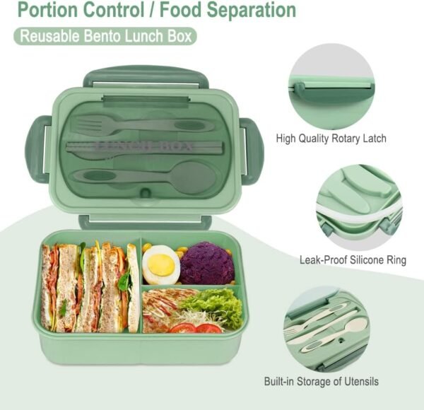 NatraProw Bento Box for Adult, 1200 ML Lunch Containers for Adults, LeakProof Lunch Box with Utensils, BPA Free, 3 Compartment Bento Box Microwave Safe, Green - Image 2