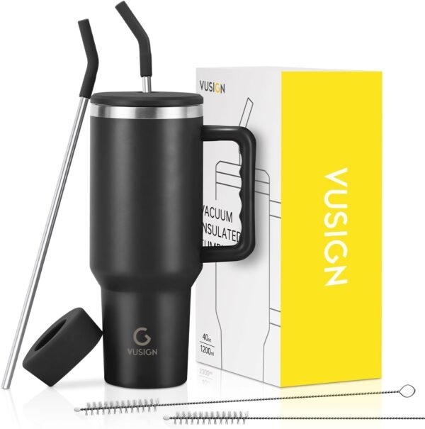VUSIGN 40 oz Tumbler with Handle and Straw Lid, Stainless Steel Vacuum Insulated Tumbler Travel Mug Water Bottle Cup for Water Iced Tea Coffee Smoothie Car, Black