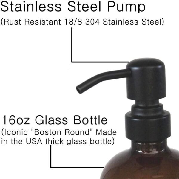 2 Pack Thick Amber Glass Pint Jar Soap Dispenser with Matte Black Stainless Steel Pump, 16ounce Boston Round Bottles Dispenser with Rustproof Pump for Essential Oil, Lotion Soap - Image 3